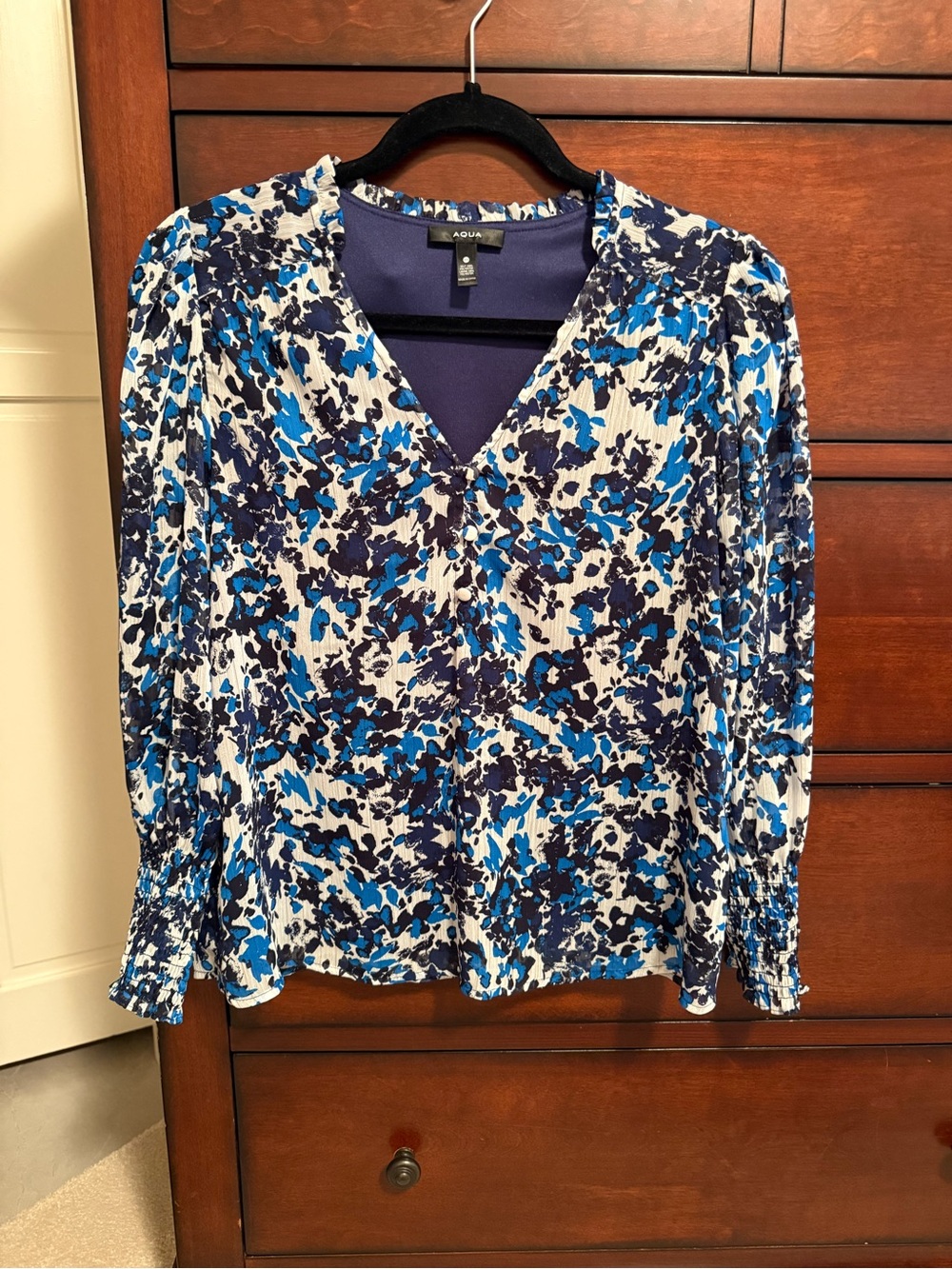 Aqua Blue and Navy Floral V-Neck Pleated Long Sleeve Blouse